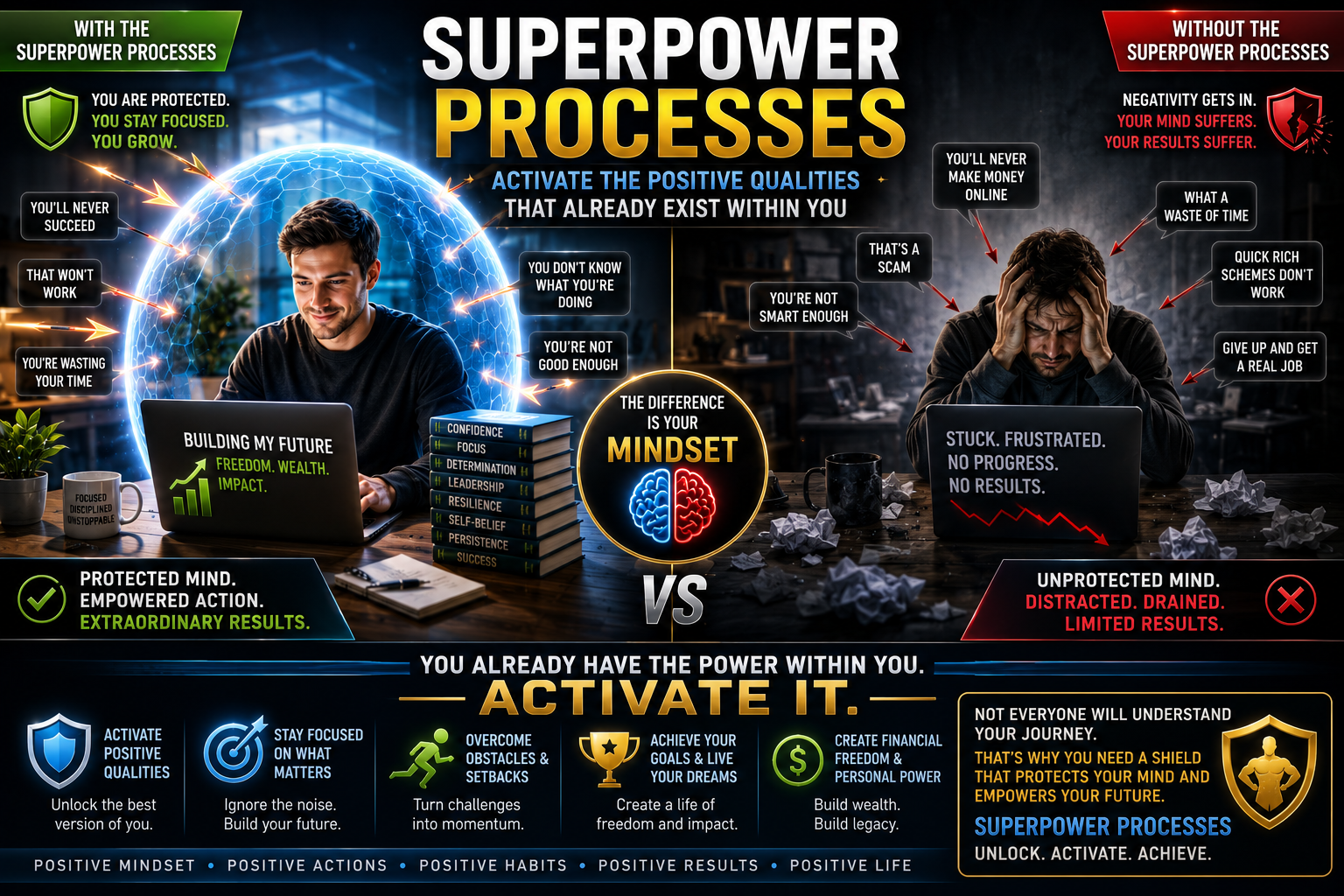 Superpower Processes feature image showing how activating positive qualities such as confidence, focus, resilience, determination, leadership, and self-belief can protect against negativity and support personal growth.