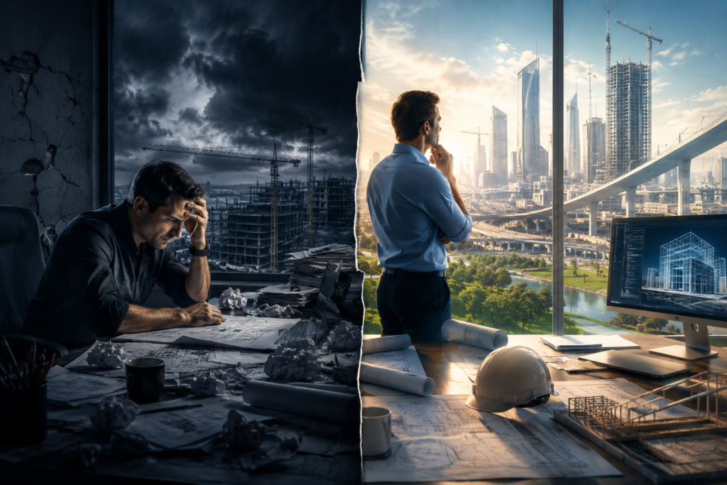 Wealthy Thinking and Poor Thinking shown through two engineering professionals with similar skills but different mindsets, contrasting scarcity thinking, fear, doubt, and financial stress with abundance thinking, opportunity, growth, and wealth creation.