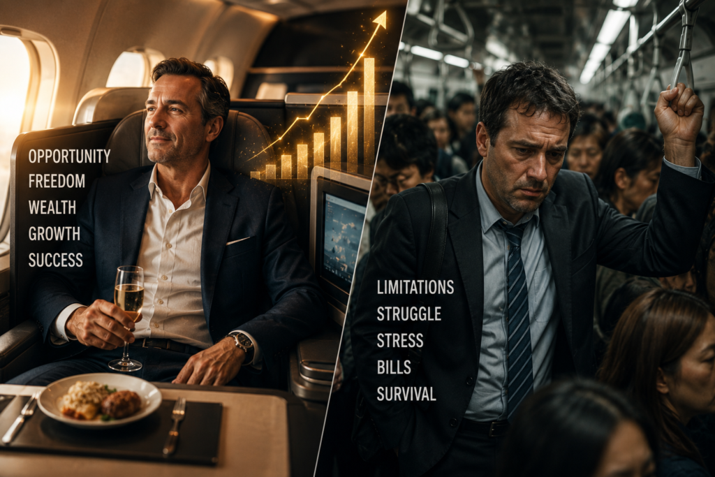 Comparison of two middle-aged professionals showing Wealth Consciousness and Scarcity Mindset, with one enjoying financial success in first class and another struggling in a crowded train.