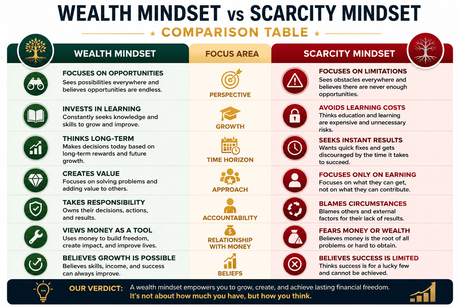 Wealth mindset vs scarcity mindset comparison table showing differences in opportunity, learning, responsibility, money beliefs, growth, and financial success