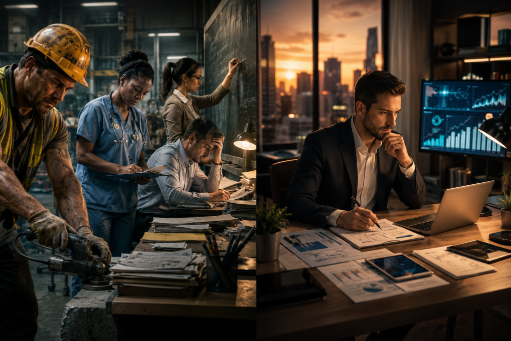 Hard Work Doesn't Create Wealth by itself, showing the difference between working harder and building wealth through leverage, systems, and strategic thinking.