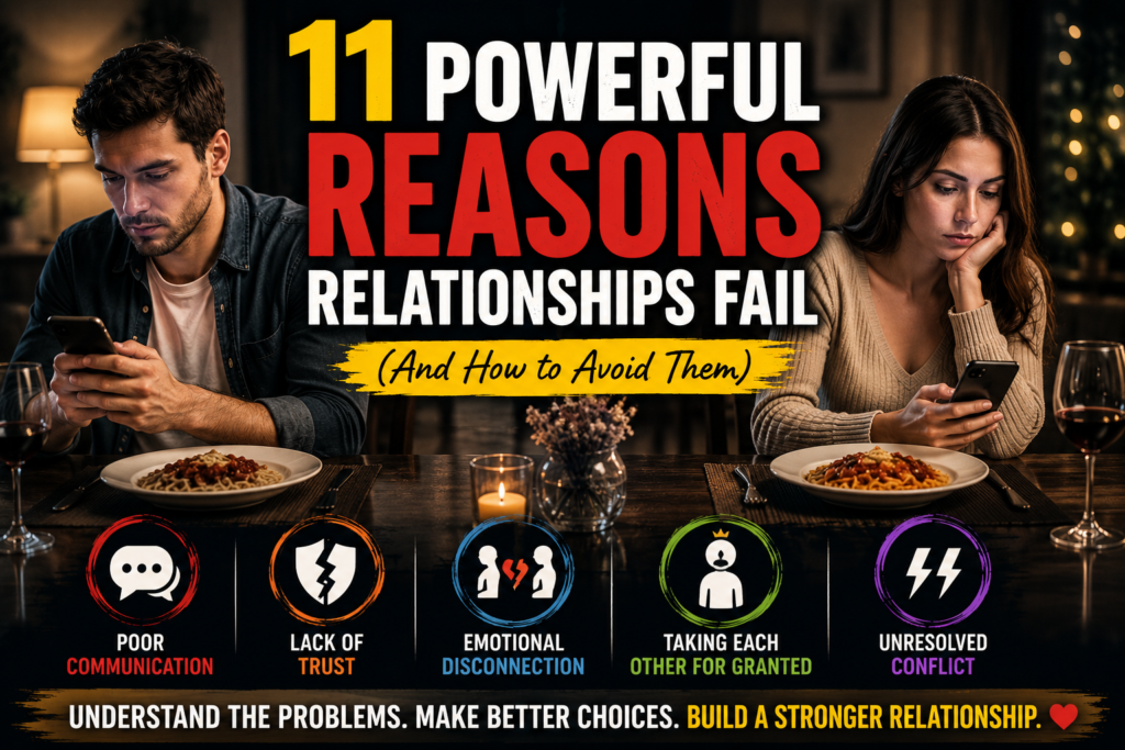 Couple sitting at a dinner table looking at their phones with untouched food and no eye contact, representing poor communication, emotional disconnection, and common reasons relationships fail