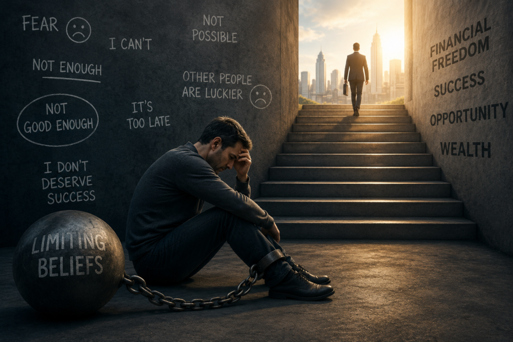 Why Some People Stay Financially Stuck because of limiting beliefs, fear, scarcity mindset, and subconscious patterns that prevent financial growth and success.