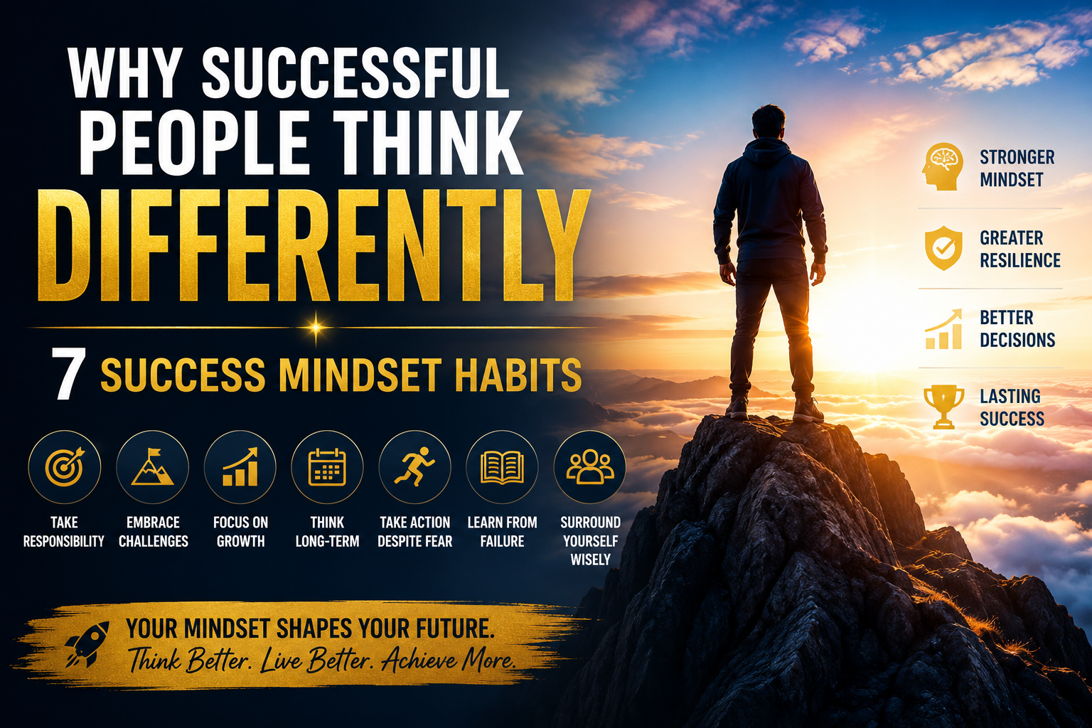 Person standing on a mountain peak at sunrise representing a success mindset, personal growth, resilience, confidence, and long-term achievement