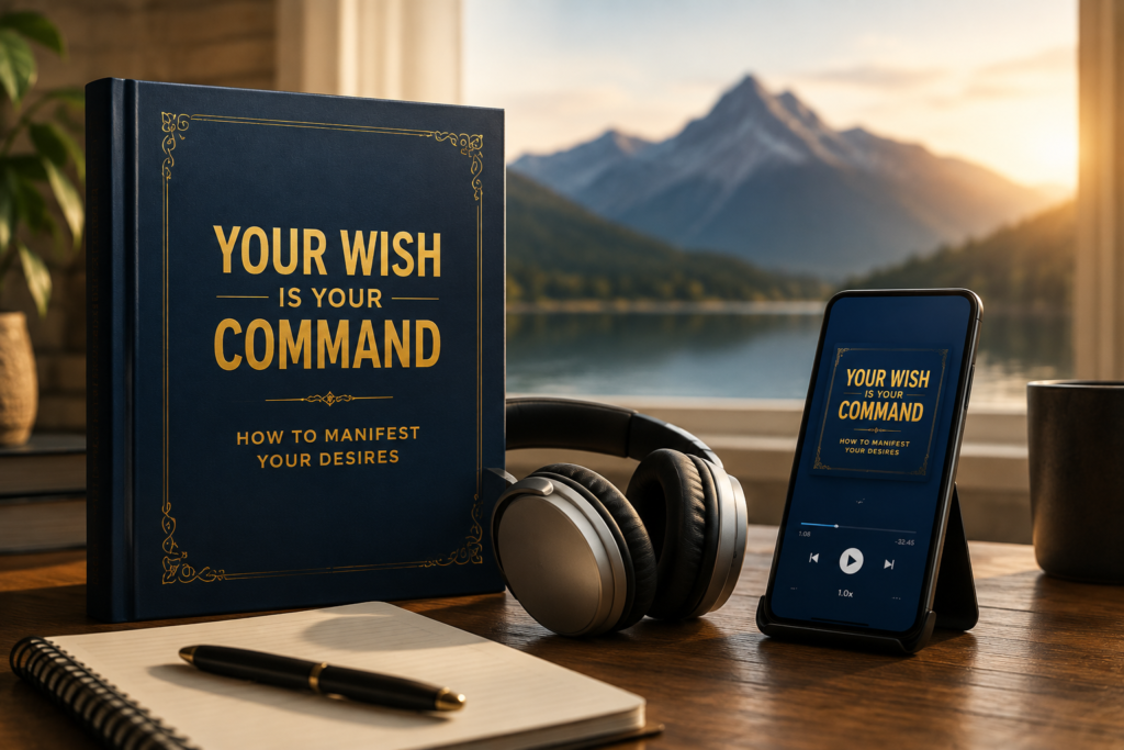 Your Wish Is Your Command book, headphones and digital audio player beside a notebook, representing Kevin Trudeau’s personal-development training and beginner learning experience.
