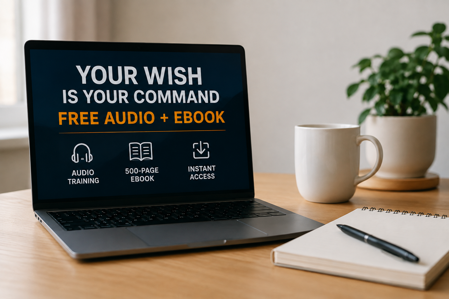 Your Wish Is Your Command free audio and ebook displayed on a laptop in a modern workspace