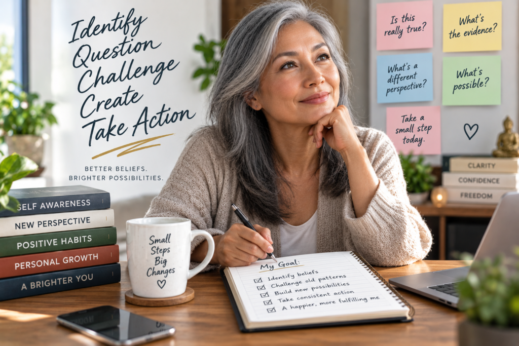 Beliefs Working Against Your Goals showing an older Asian woman examining assumptions, evidence and new perspectives before taking action