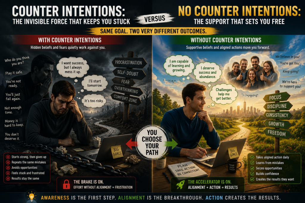 Kevin Trudeau Counter Intentions comparison showing limiting beliefs, fear and self-doubt versus supportive beliefs, confidence and aligned action
