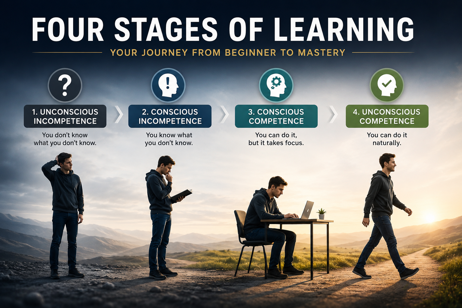 Four Stages of Learning showing unconscious incompetence, conscious incompetence, conscious competence and unconscious competence from beginner to mastery