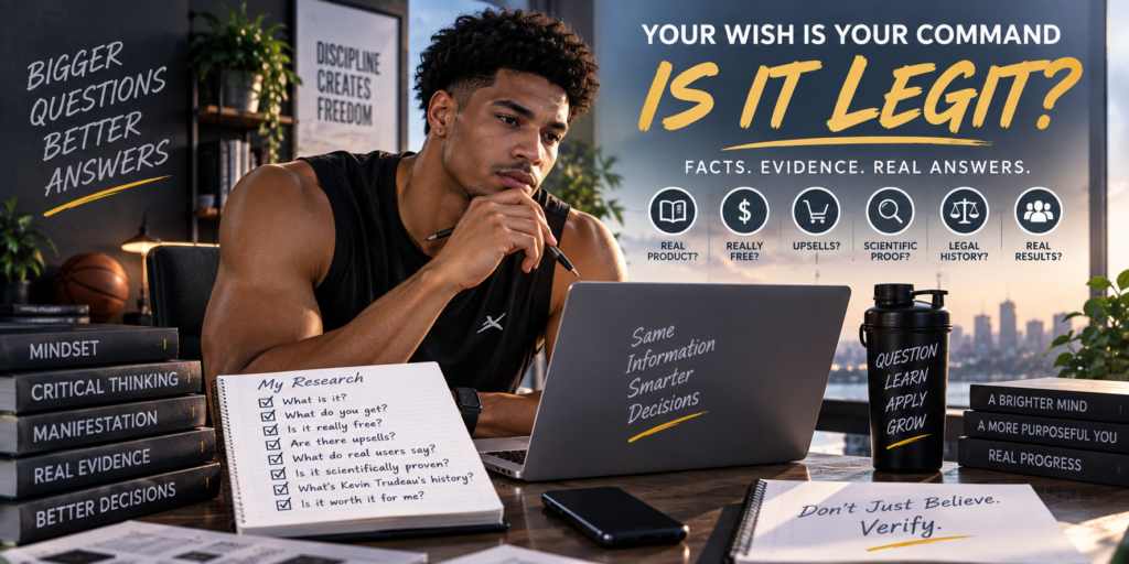Is Your Wish Is Your Command Legit showing an athletic man researching the product, free offer, upsells, scientific evidence, legal history and real results