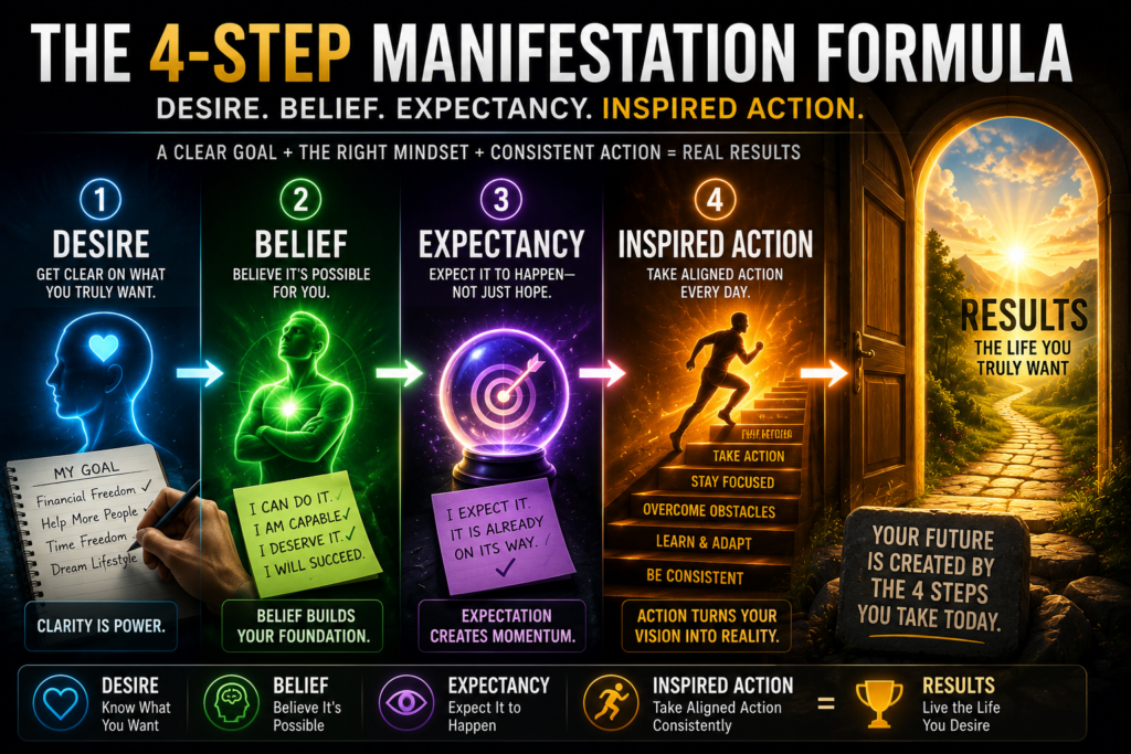 Kevin Trudeau 4-Step Manifestation Formula showing Desire, Belief, Expectancy and Inspired Action leading toward a desired result