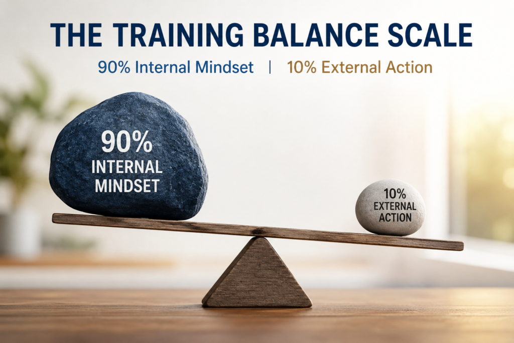 Training Balance Scale showing Kevin Trudeau’s 90 percent internal mindset and 10 percent external action concept on a balance scale.