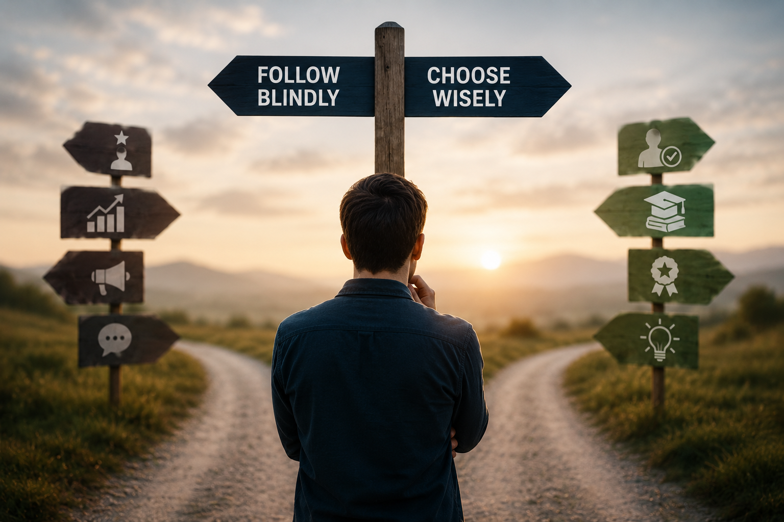 Who Do You Listen To concept showing a person choosing between following advice blindly and selecting credible mentors, experts and information sources wisely.