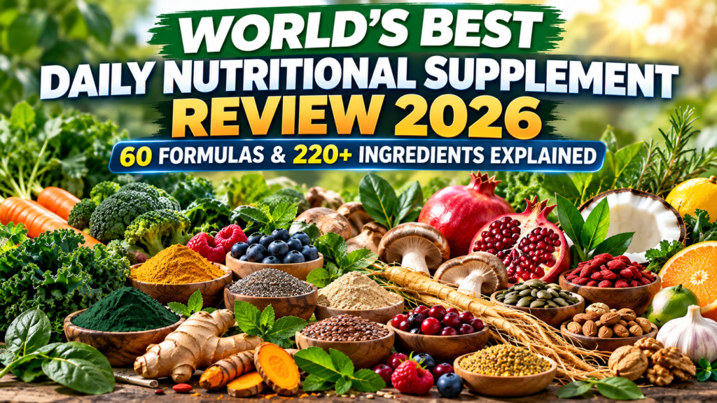 World’s Best Daily Nutritional Supplement Review 2026 showing natural ingredients, 60 formulas and 220+ ingredients explained