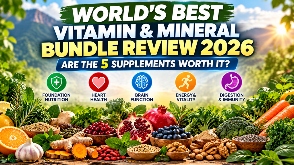 World’s Best Vitamin & Mineral Bundle Review 2026 showing five supplement categories with fruits, vegetables, herbs, nuts and seeds