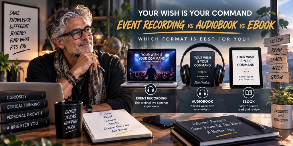 Your Wish Is Your Command Audiobook comparison showing the Event Recording, Audiobook and Ebook with a stylish older man choosing the best learning format