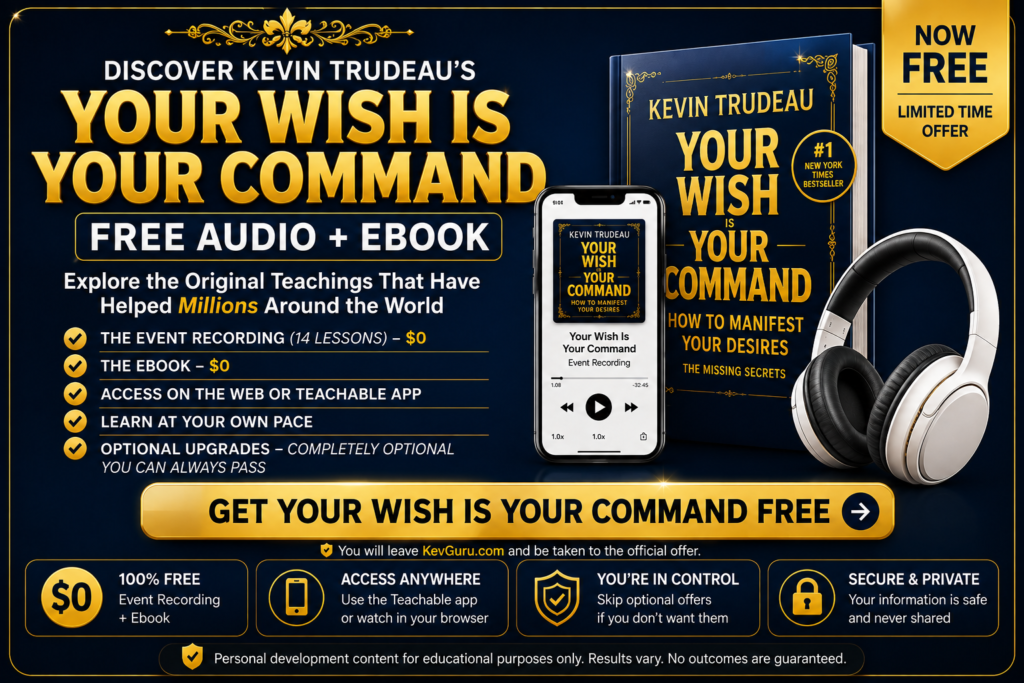 Your Wish Is Your Command free audio and ebook offer showing Kevin Trudeau’s program, event recording, ebook, web access, and Teachable app access.
