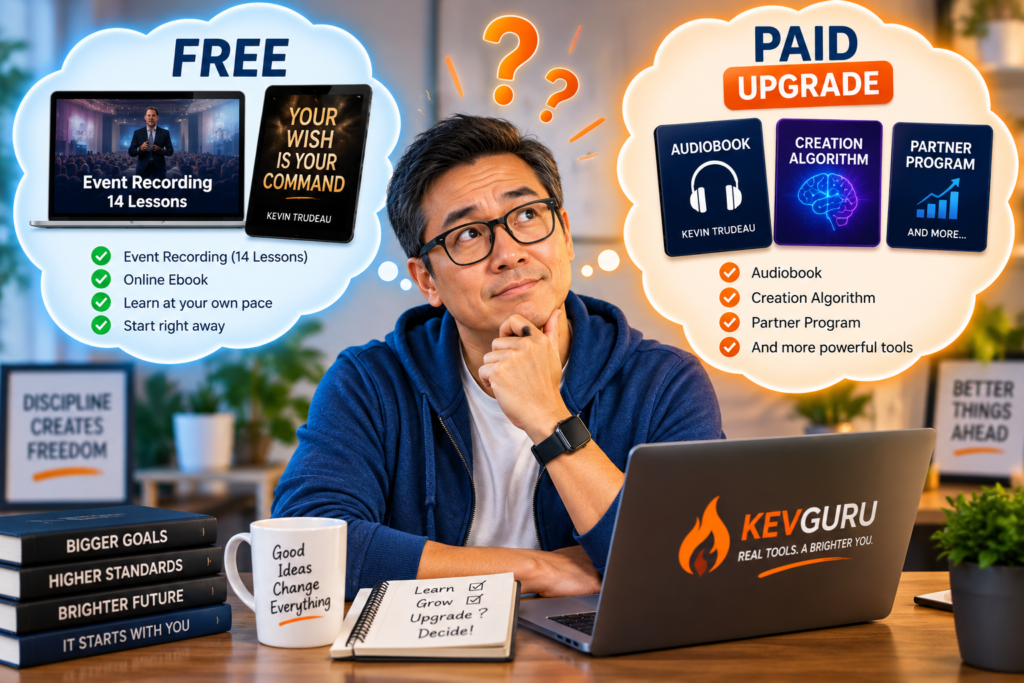 Middle-aged Asian man deciding between Your Wish Is Your Command free training and paid upgrade options.