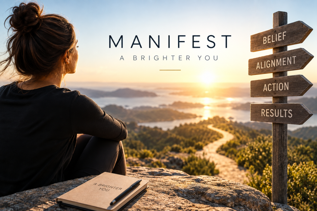 Your Wish Is Your Command manifestation image showing belief, alignment, action and results leading toward a brighter future