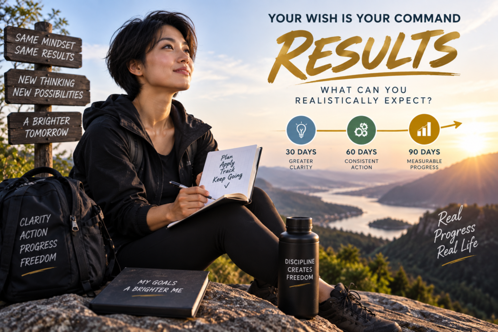 Your Wish Is Your Command Results showing an Asian woman outdoors tracking 30, 60 and 90-day progress through clarity, consistent action and measurable results