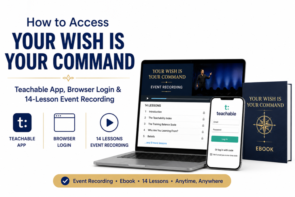 Your Wish Is Your Command Teachable access showing the app, browser login and 14-lesson Event Recording